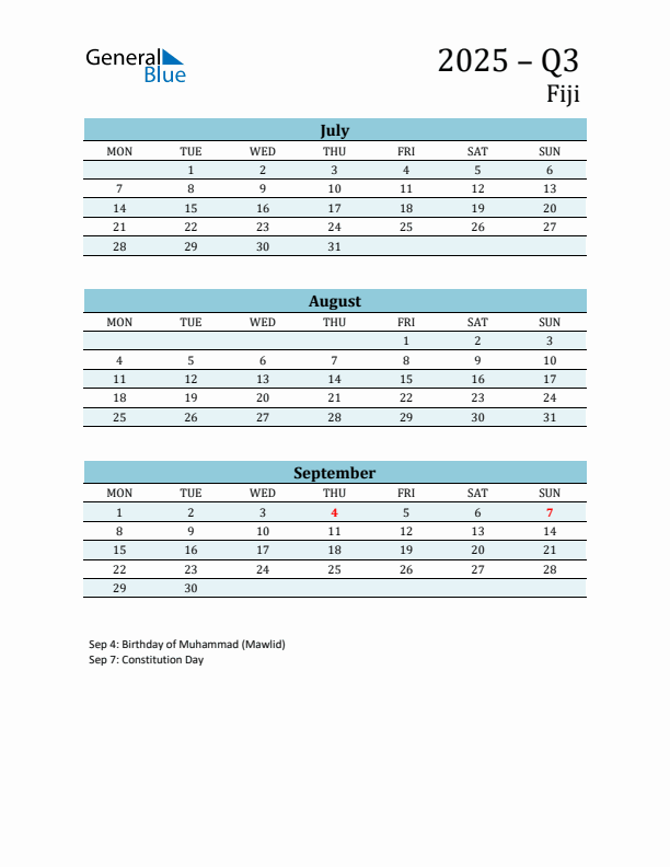 Three-Month Planner for Q3 2025 with Holidays - Fiji