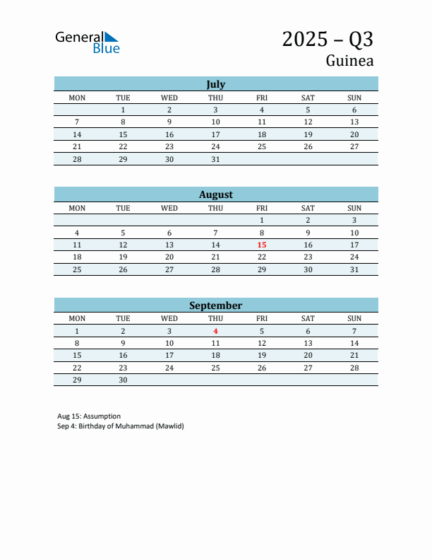Three-Month Planner for Q3 2025 with Holidays - Guinea
