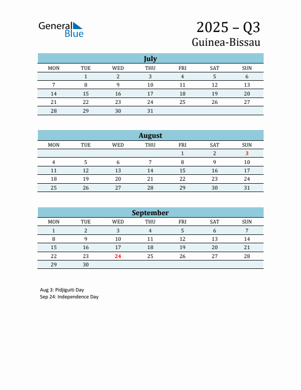 Three-Month Planner for Q3 2025 with Holidays - Guinea-Bissau