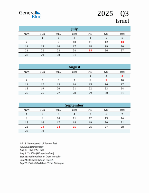 Three-Month Planner for Q3 2025 with Holidays - Israel