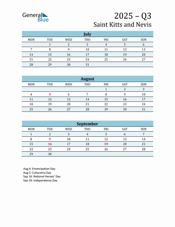 Three-Month Planner for Q3 2025 with Holidays - Saint Kitts and Nevis