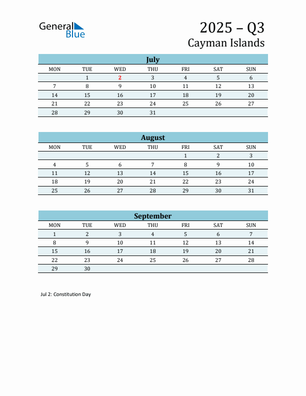 Three-Month Planner for Q3 2025 with Holidays - Cayman Islands