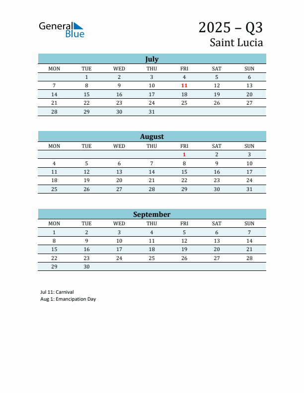 Three-Month Planner for Q3 2025 with Holidays - Saint Lucia