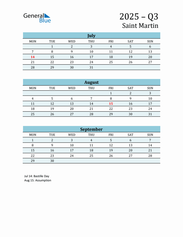 Three-Month Planner for Q3 2025 with Holidays - Saint Martin