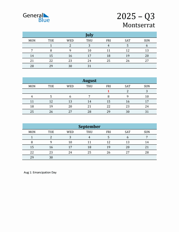 Three-Month Planner for Q3 2025 with Holidays - Montserrat