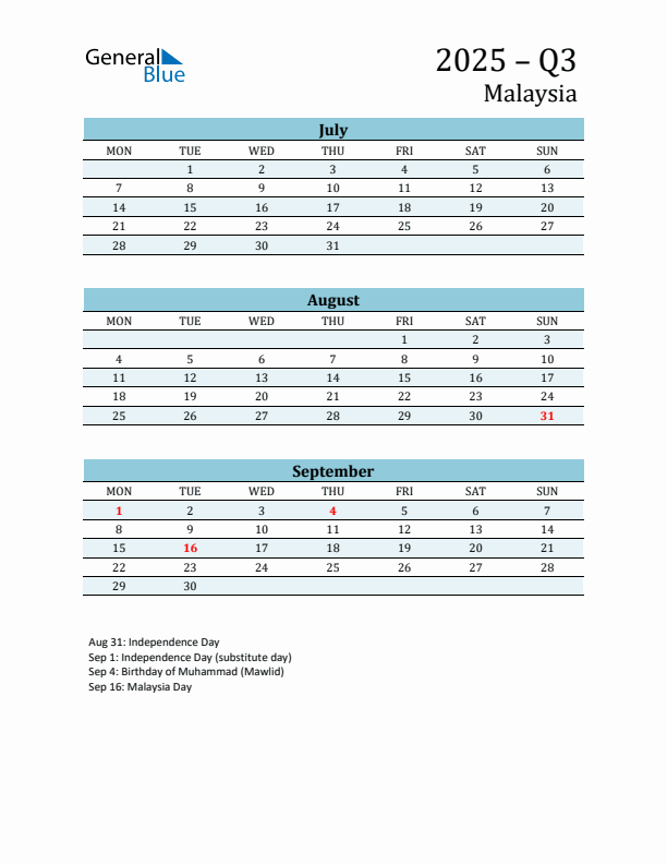 Three-Month Planner for Q3 2025 with Holidays - Malaysia