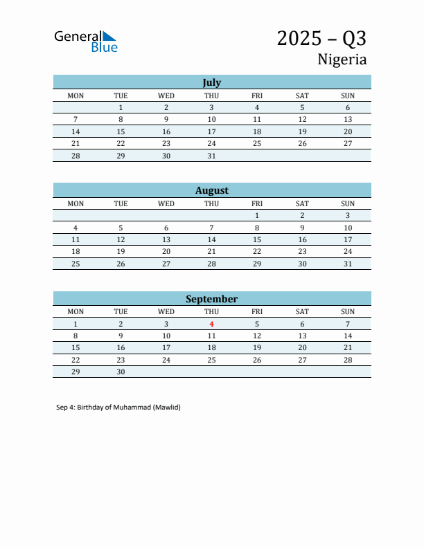 Three-Month Planner for Q3 2025 with Holidays - Nigeria
