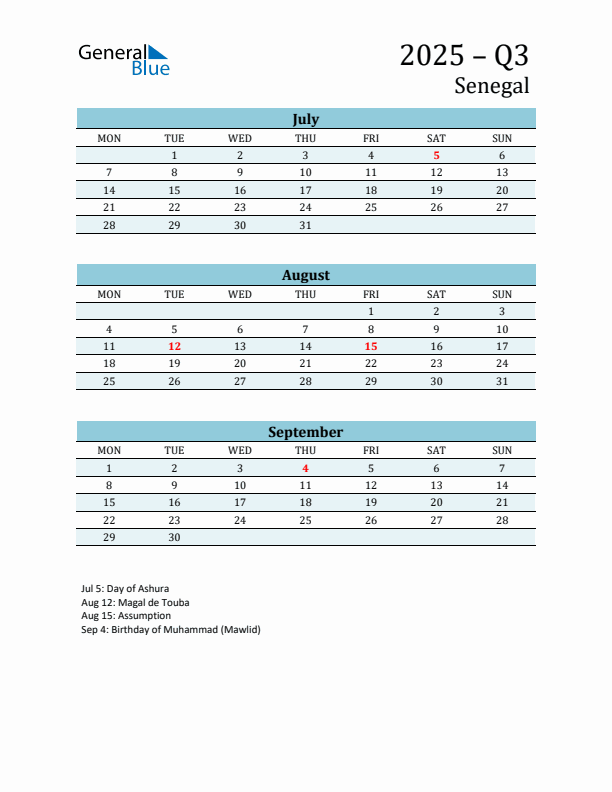 Three-Month Planner for Q3 2025 with Holidays - Senegal
