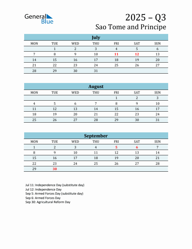 Three-Month Planner for Q3 2025 with Holidays - Sao Tome and Principe