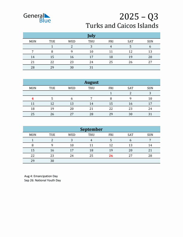 Three-Month Planner for Q3 2025 with Holidays - Turks and Caicos Islands