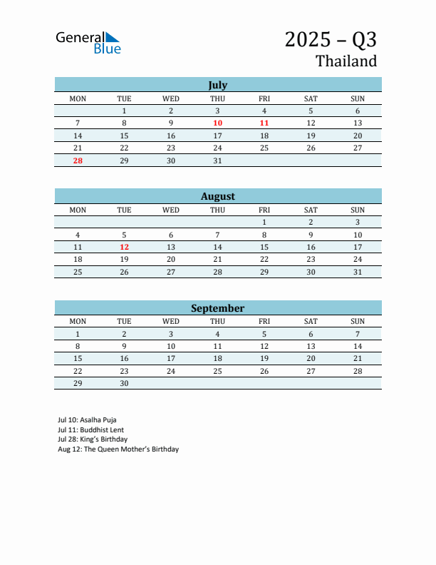 Three-Month Planner for Q3 2025 with Holidays - Thailand