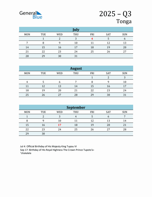 Three-Month Planner for Q3 2025 with Holidays - Tonga