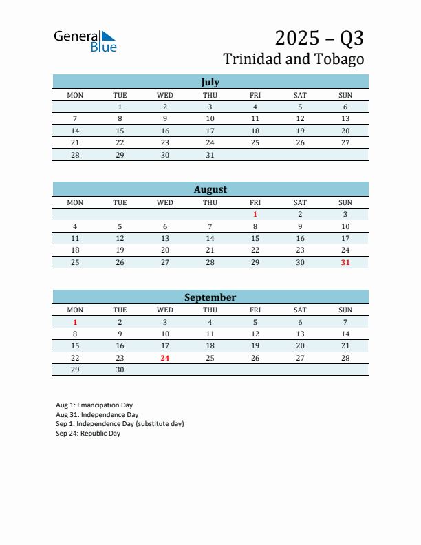 Three-Month Planner for Q3 2025 with Holidays - Trinidad and Tobago
