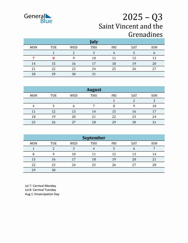 Three-Month Planner for Q3 2025 with Holidays - Saint Vincent and the Grenadines