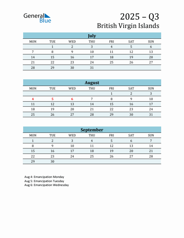 Three-Month Planner for Q3 2025 with Holidays - British Virgin Islands