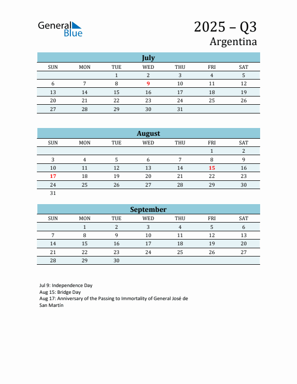 Three-Month Planner for Q3 2025 with Holidays - Argentina