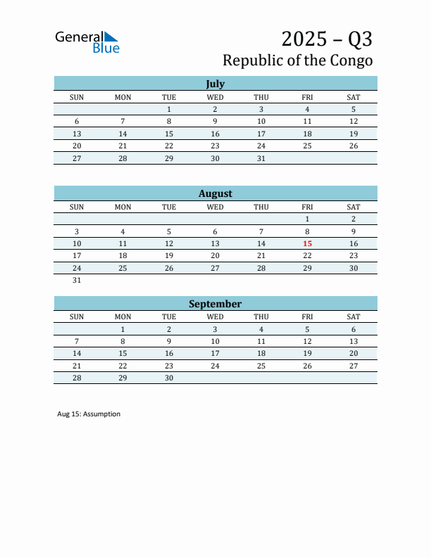 Three-Month Planner for Q3 2025 with Holidays - Republic of the Congo