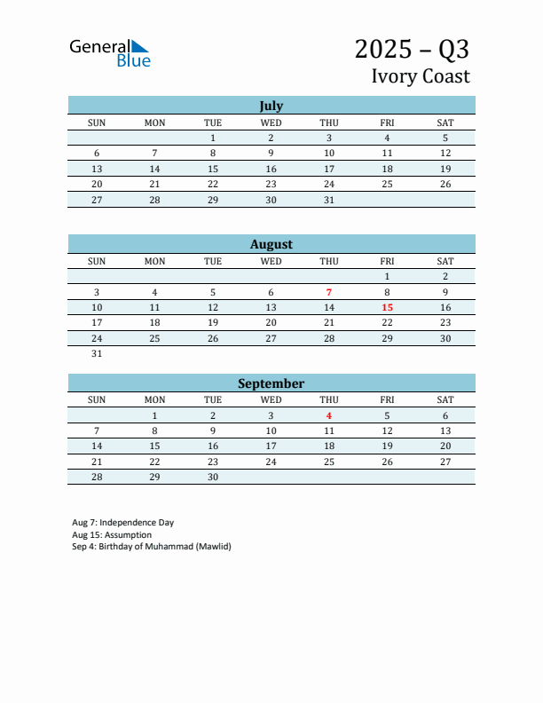 Three-Month Planner for Q3 2025 with Holidays - Ivory Coast