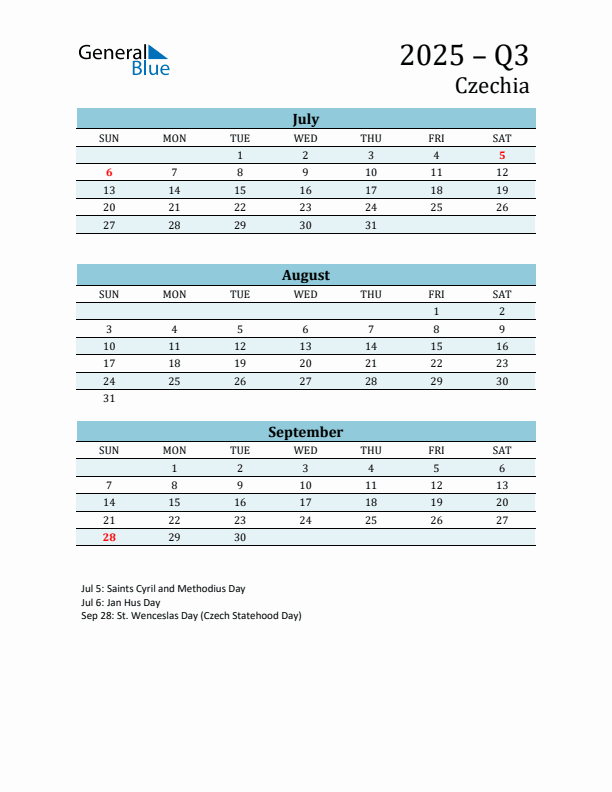Three-Month Planner for Q3 2025 with Holidays - Czechia