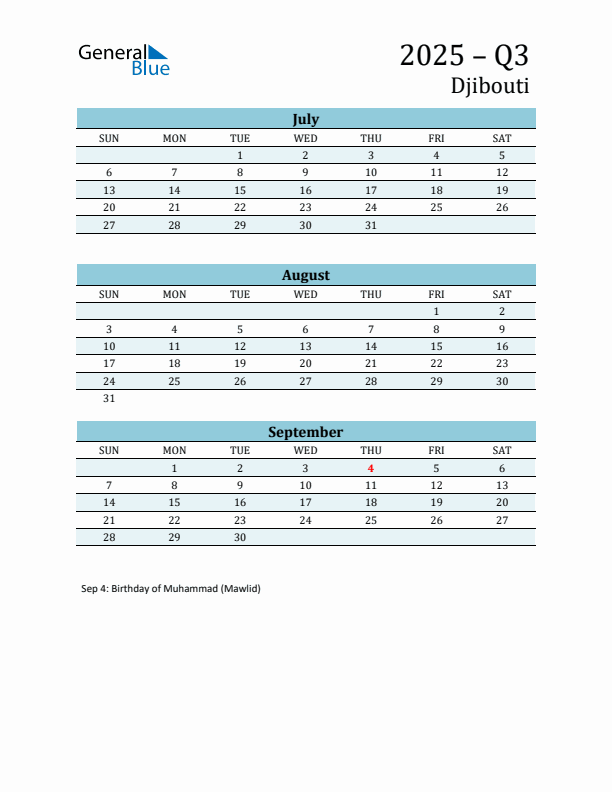 Three-Month Planner for Q3 2025 with Holidays - Djibouti