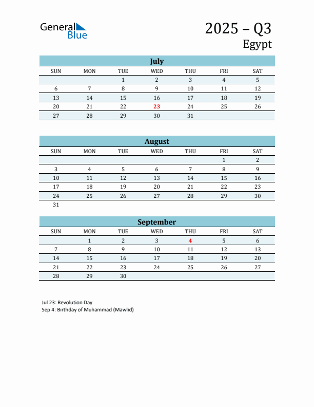 Three-Month Planner for Q3 2025 with Holidays - Egypt