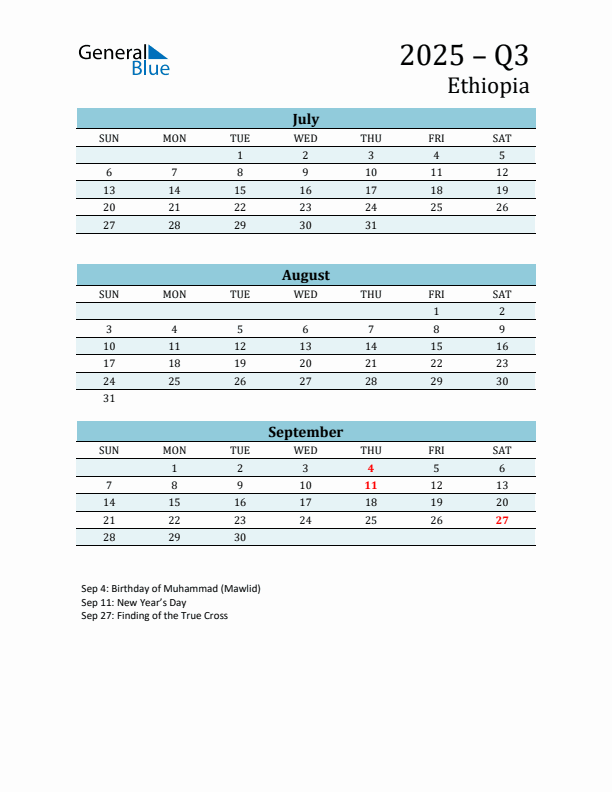 Three-Month Planner for Q3 2025 with Holidays - Ethiopia