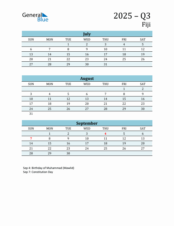 Three-Month Planner for Q3 2025 with Holidays - Fiji