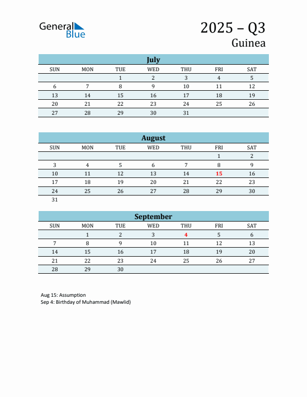 Three-Month Planner for Q3 2025 with Holidays - Guinea