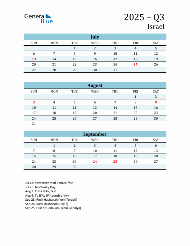 Three-Month Planner for Q3 2025 with Holidays - Israel