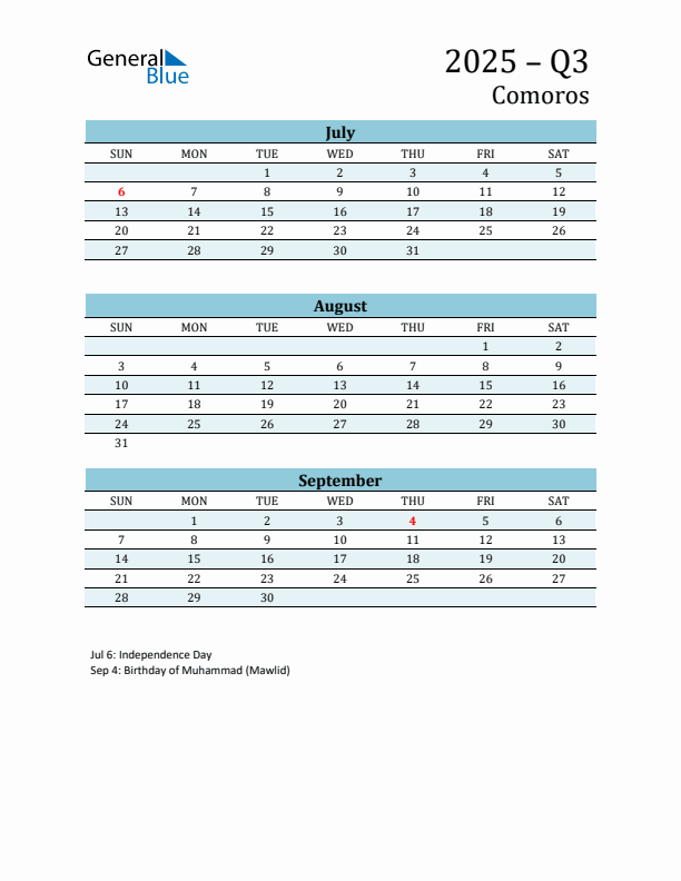 Three-Month Planner for Q3 2025 with Holidays - Comoros