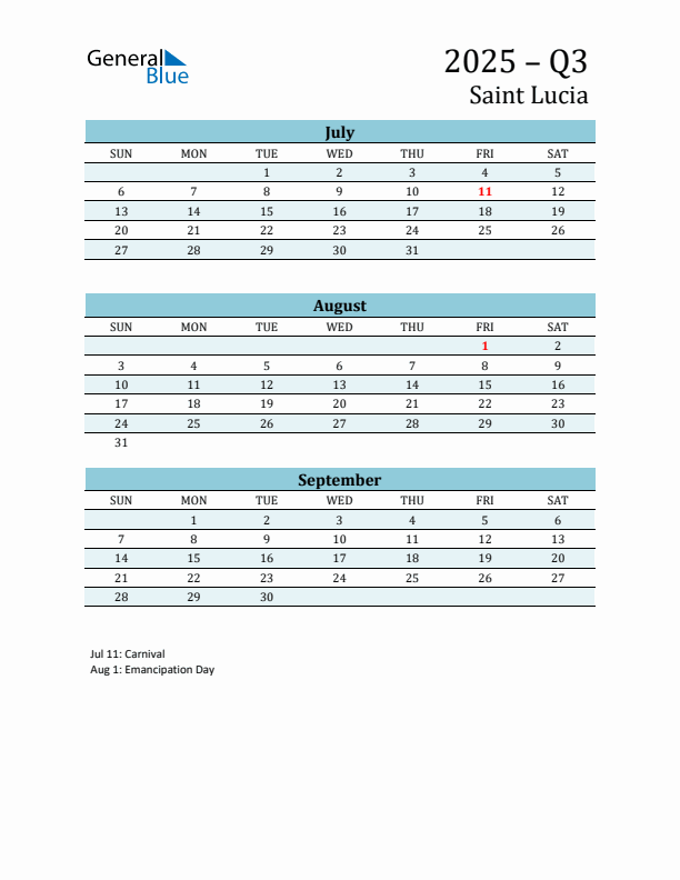 Three-Month Planner for Q3 2025 with Holidays - Saint Lucia