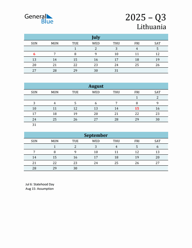 Three-Month Planner for Q3 2025 with Holidays - Lithuania