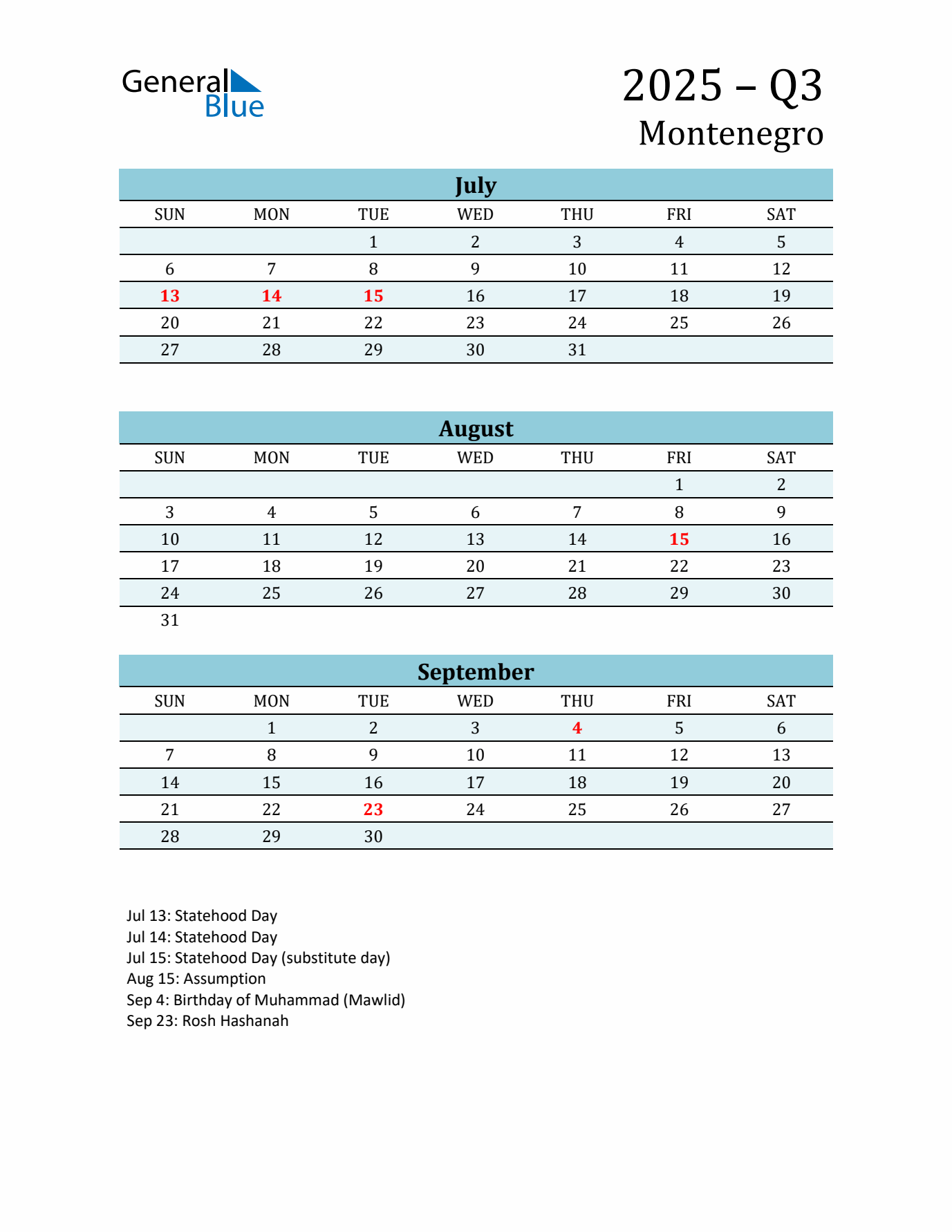 Three-Month Planner for Q3 2025 with Holidays - Montenegro