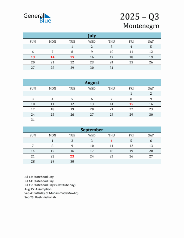 Three-Month Planner for Q3 2025 with Holidays - Montenegro