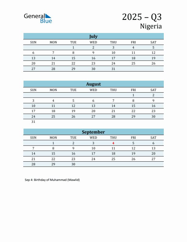 Three-Month Planner for Q3 2025 with Holidays - Nigeria