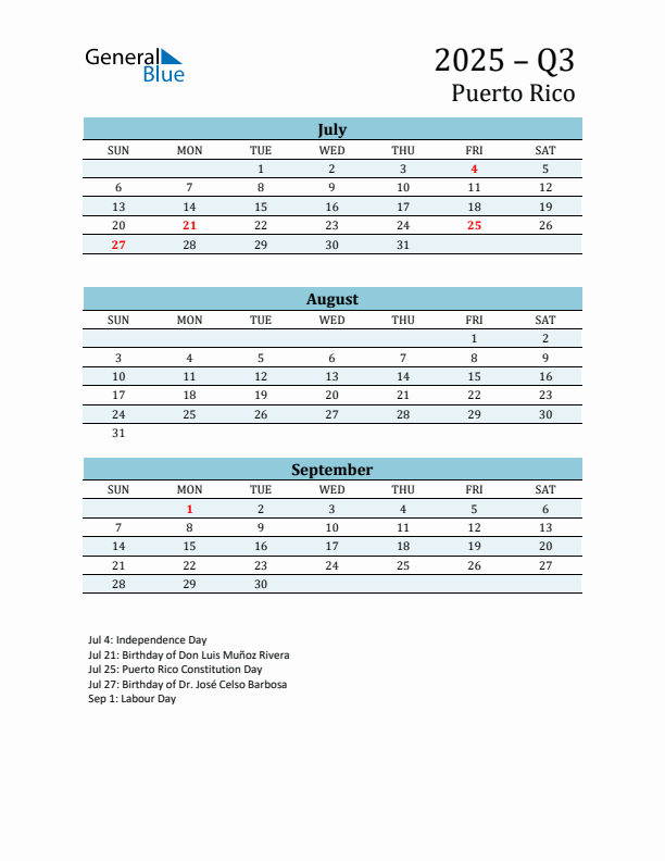 Three-Month Planner for Q3 2025 with Holidays - Puerto Rico