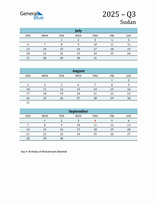 Three-Month Planner for Q3 2025 with Holidays - Sudan