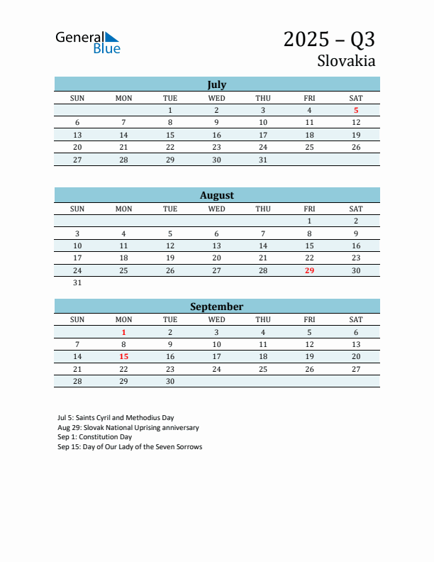 Three-Month Planner for Q3 2025 with Holidays - Slovakia