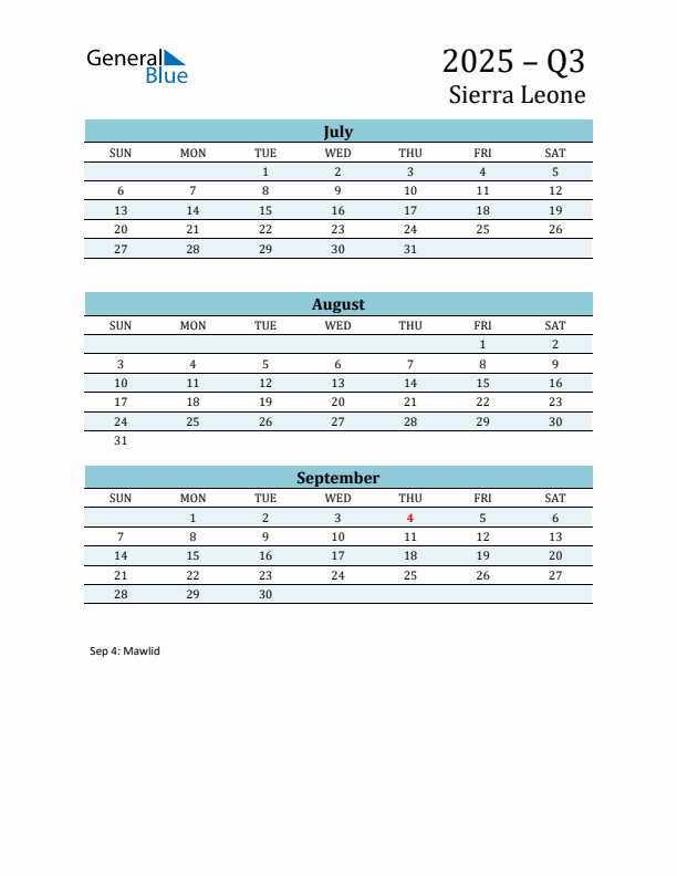 Three-Month Planner for Q3 2025 with Holidays - Sierra Leone