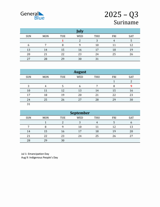 Three-Month Planner for Q3 2025 with Holidays - Suriname