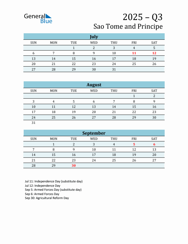 Three-Month Planner for Q3 2025 with Holidays - Sao Tome and Principe