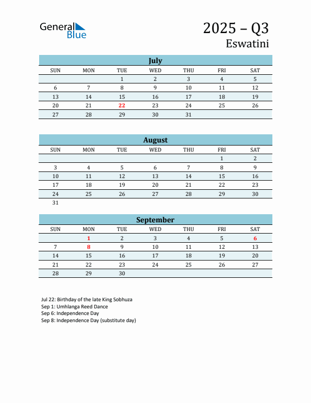 Three-Month Planner for Q3 2025 with Holidays - Eswatini