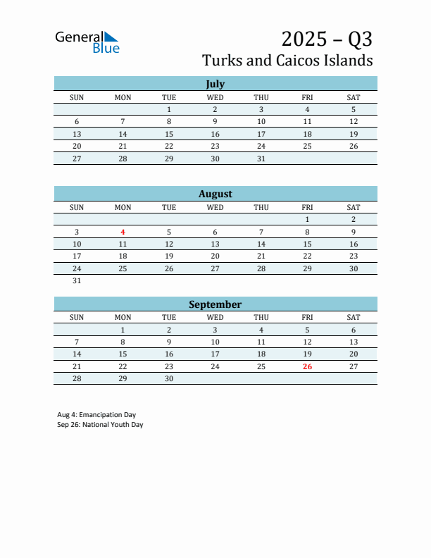 Three-Month Planner for Q3 2025 with Holidays - Turks and Caicos Islands