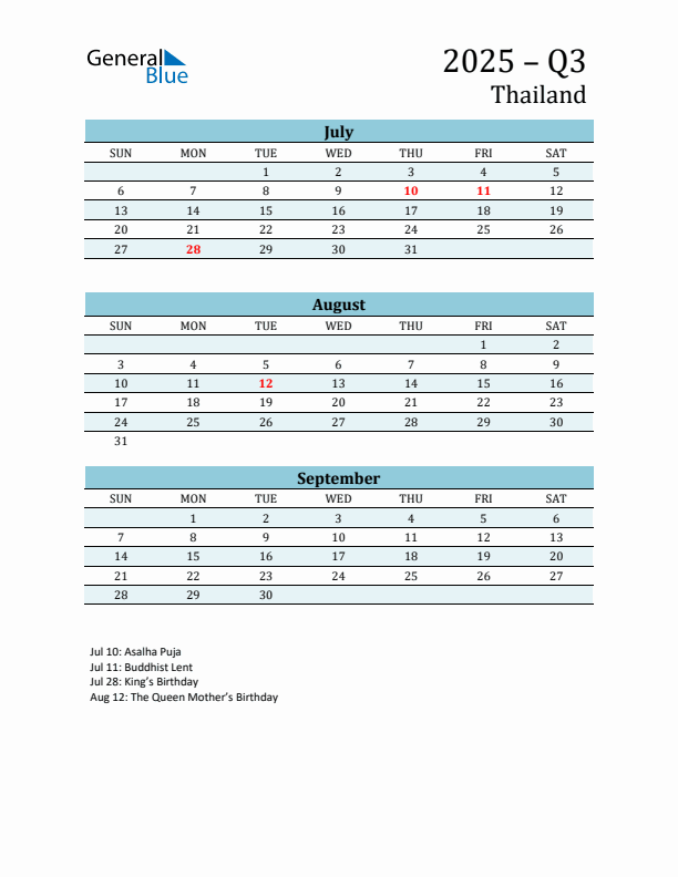 Three-Month Planner for Q3 2025 with Holidays - Thailand