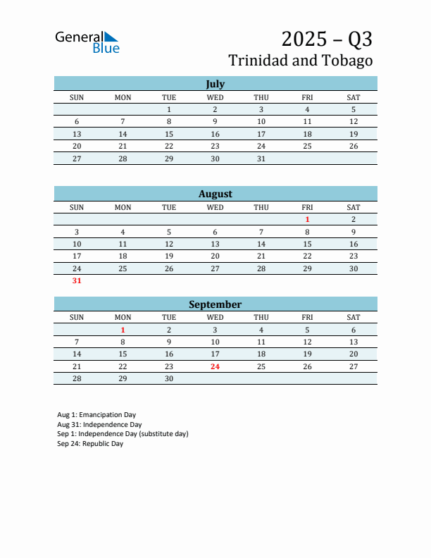 Three-Month Planner for Q3 2025 with Holidays - Trinidad and Tobago