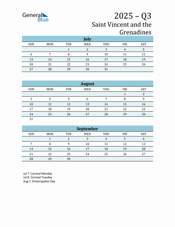 Three-Month Planner for Q3 2025 with Holidays - Saint Vincent and the Grenadines