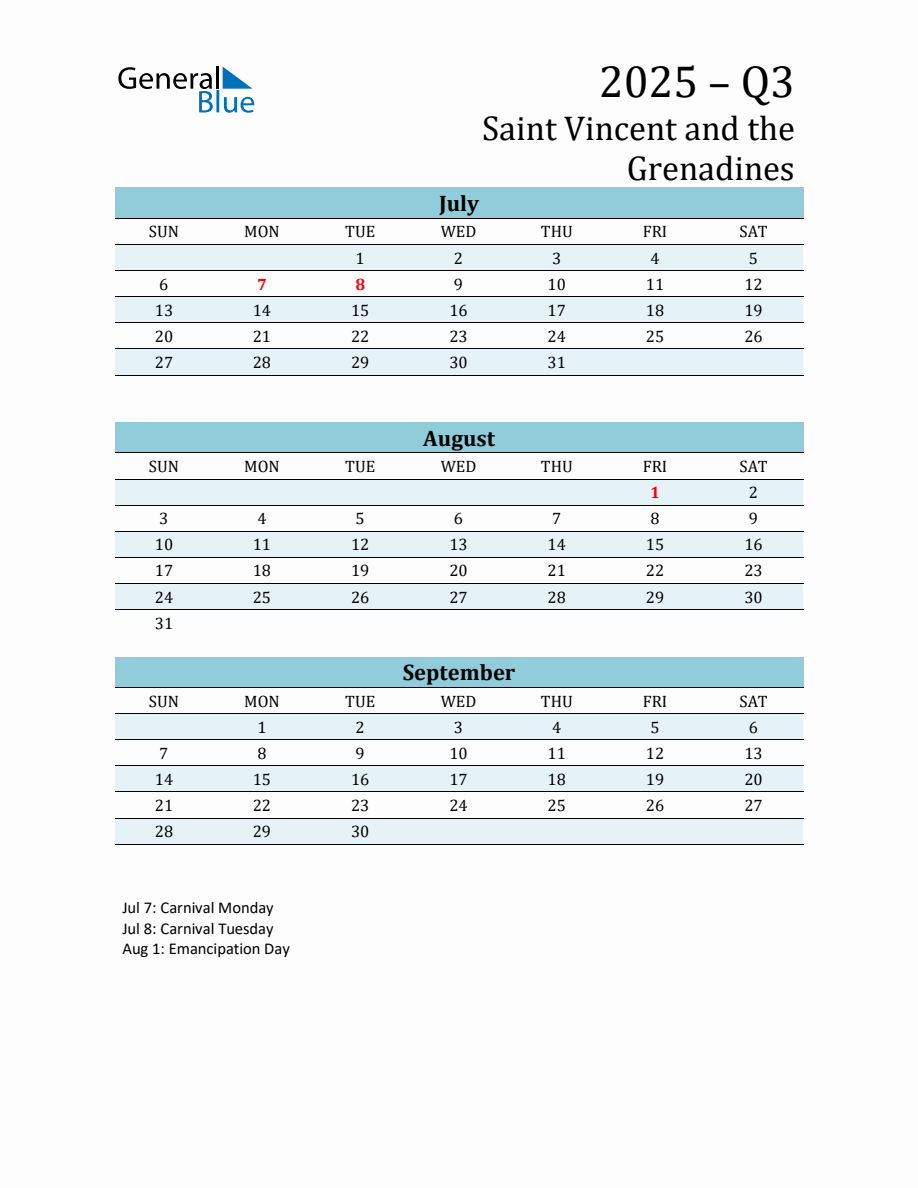 Three-Month Planner for Q3 2025 with Holidays in Saint Vincent and the ...