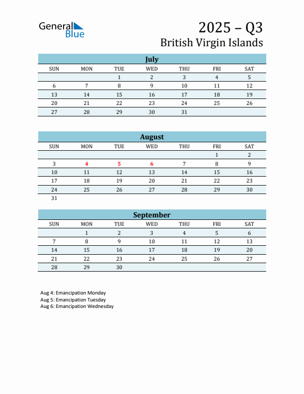 Three-Month Planner for Q3 2025 with Holidays - British Virgin Islands