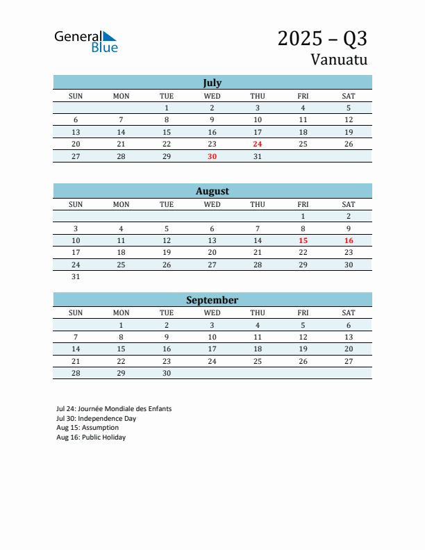 Three-Month Planner for Q3 2025 with Holidays - Vanuatu