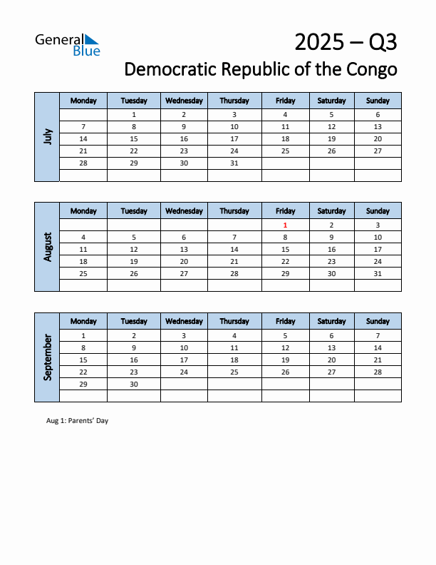 Free Q3 2025 Calendar for Democratic Republic of the Congo - Monday Start